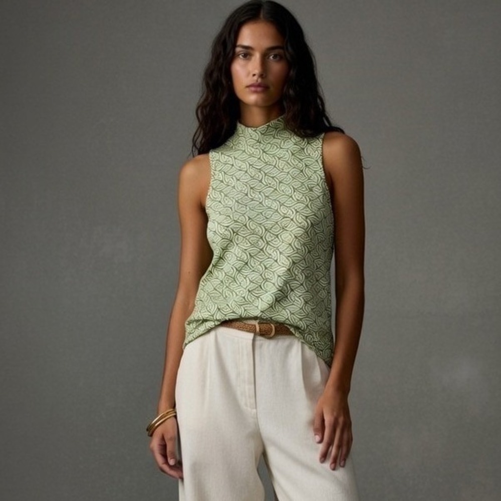 Maeve Green Patterned Mock Neck Tank Top